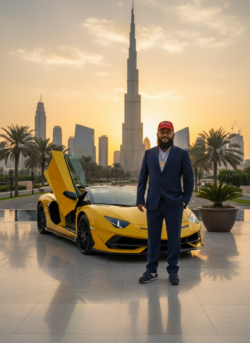 Ahmed con lambo y skyline de Dubái